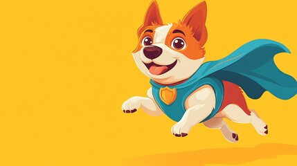 Cartoon dog with a blue cape flying through the air.