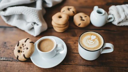 Cozy Morning Delight: Artisan Coffee and Fresh Baked Cookies on Rustic Wooden Table for Relaxation and Enjoyment