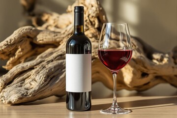 Elegant Red Wine Bottle and Glass Displayed on Vintage Wooden Table