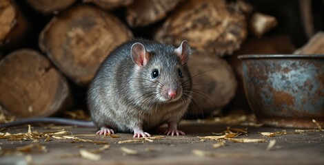 Close-Up of a Curious Gray House Mouse in a Rustic Setting with Wooden Logs and Straw