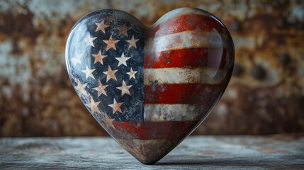 Heart shape adorned with the American flag displayed on a rustic wooden surface