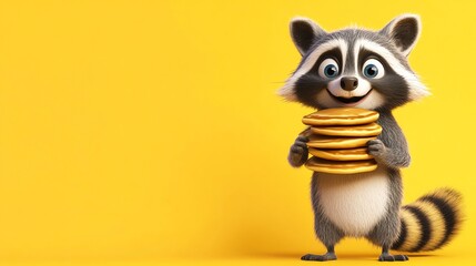 Fototapeta premium A cute cartoon raccoon holding a stack of pancakes against a yellow background.