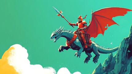 Naklejka premium A knight in red armor rides a dragon through the sky.