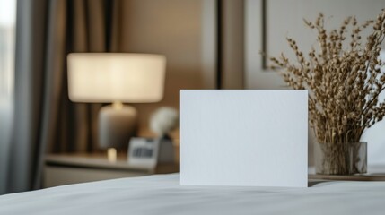 Elegant bedroom setting with a blank card and decorative dried flowers on the bedside table