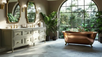 A luxurious retro-inspired bathroom with a freestanding copper bathtub