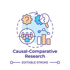 Causal-comparative research multi color concept icon. Target audience, statistical metrics. Round shape line illustration. Abstract idea. Graphic design. Easy to use in infographic, presentation