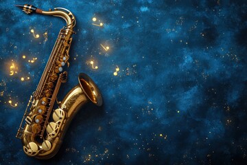 Gold alto saxophone on blue textured background with sparkling lights.