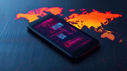 Mobile payment and authentication, A smartphone displaying digital data rests on a vibrant world map, symbolizing global connectivity and technology.