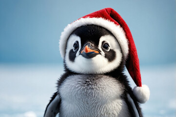 Fototapeta premium Adorable Penguin Chick in Santa Hat on Icy Blue Backdrop