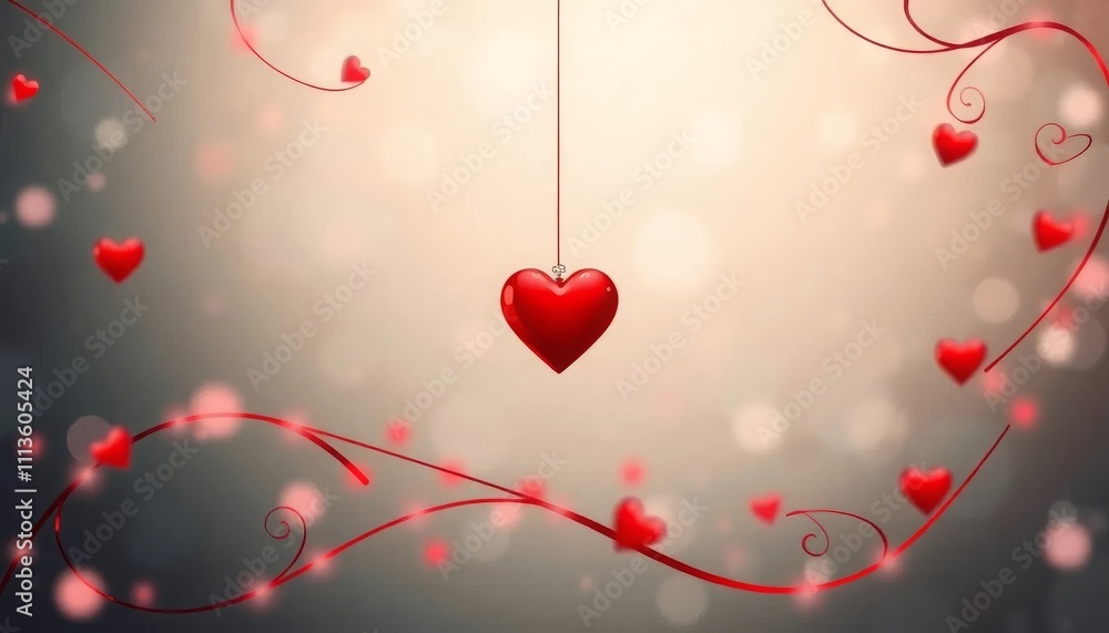 Poster hanging red heart with swirling patterns and bokeh background, romantic design