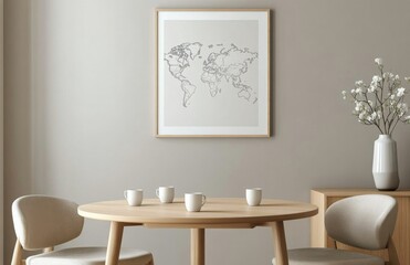 Modern dining area with a minimalist design featuring a round wooden table and map art