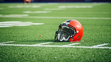 Vibrant Orange Football Helmet on Lush Green Field, Perfect for Sports Merchandise and Fan Gear