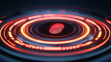 Mobile payment and authentication, A vibrant, futuristic fingerprint scanner illuminated in red and blue, showcasing advanced biometric technology in a sleek design.