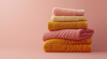 Colorful Stacked Towels on Soft Pink Background for Home Decor