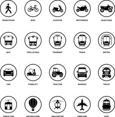 Air, Auto, Railway Transport Silhouette Icon Set. Public Transport Glyph Pictogram. Car, Bike, Motorbike, Quad bike, Scooter, Truck, Bus, Tram, Train, Metro, Ship, Plane, Icon. Isolated
