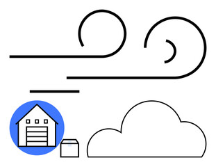 Warehouse and box icons representing logistics, alongside cloud and wind symbols indicating storage and fast delivery. Ideal for logistics, storage solutions, e-commerce, cloud computing