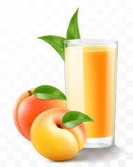 A glass of fresh apricot juice or smoothie. Cup of cocktail or yogurt with ripe sweet apricot fruits, isolated on transparent background. Realistic 3d vector illustration