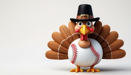 A cartoon turkey sports a Pilgrim hat and a body shaped like a baseball