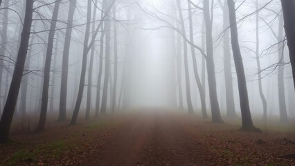 Naklejka premium Enchanting Foggy Forest Path: Perfect for Wall Art, Home Decor, or Calming Backgrounds