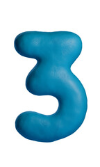 3D blue ed number three with realistic clay texture, mimicking handcrafted plasticine design. Digit 3 Isolated on white background, ideal for creative projects, advertising, education