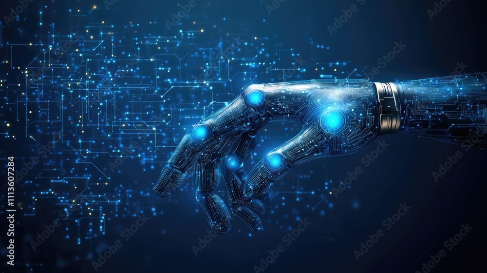 Poster futuristic robotic hand with circuit board design on dark background