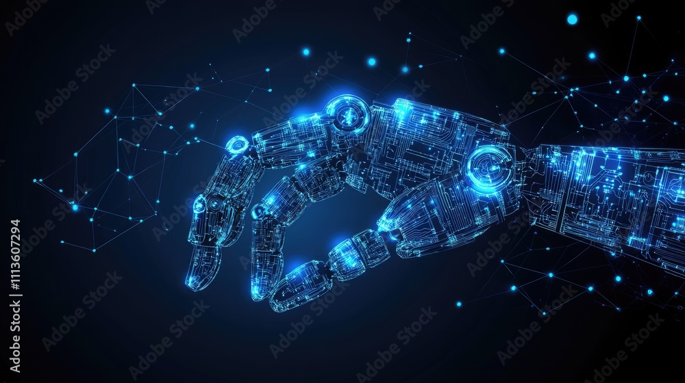 Poster futuristic robot hand with digital circuitry and technology elements