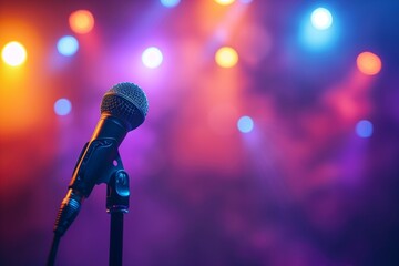 Obraz premium Microphones on stage contrast with multi-colored spotlights