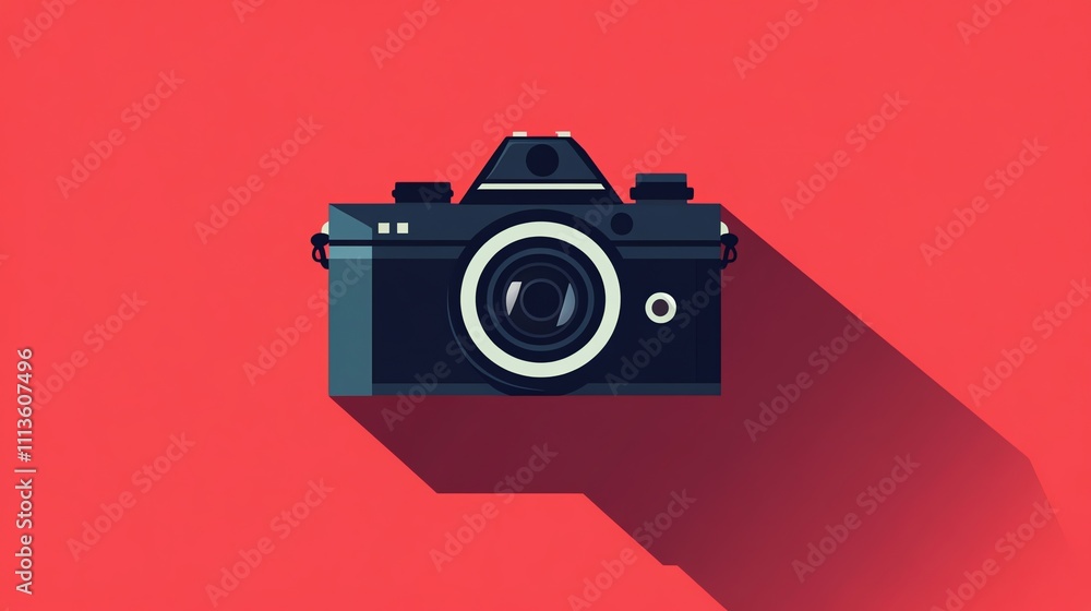 Poster a flat design of a camera on a red background with a long shadow.