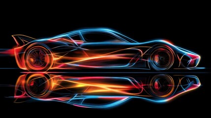 Abstract glowing sports car design, reflecting on dark surface.