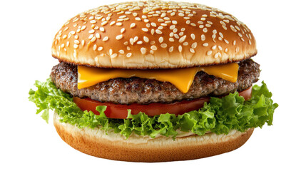 A mouthwatering cheeseburger features a perfectly grilled patty topped with melted cheese, crisp lettuce, and ripe tomato nestled within a toasted sesame seed bun, inviting culinary satisfaction