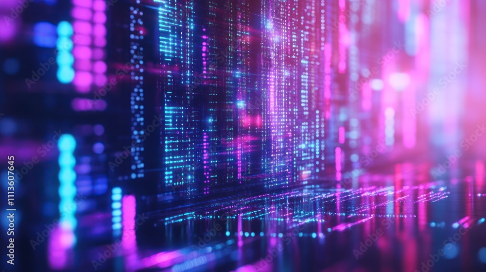 Poster abstract digital data streams flowing in neon colors