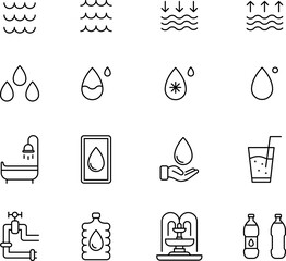 Water drops icon set. Editable vector water line icons. A drop of water. Washing, shower. Vector illustration