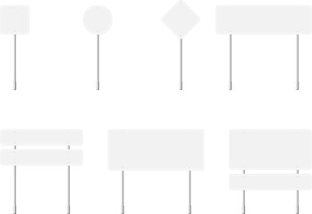 Various road, traffic signs. Highway signboard on a chrome metal pole. Blank white board with place for text. Information sign mockup.