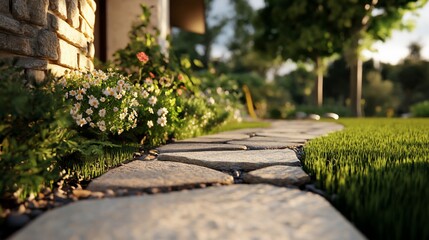 Tranquil stone pathway through a lush garden.  Sunlight illuminates the walkway, bordered by vibrant flowers and manicured grass.  Outdoor living space with a house in the background.