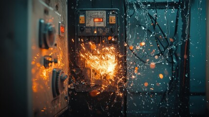 Electrical panel sparks and water spray. Illustrates electrical hazard, short circuit.