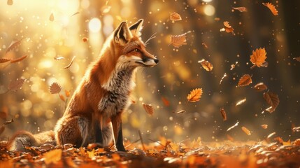 A fox sitting amidst falling leaves in a serene autumn forest.
