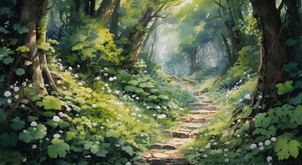 Lush pathway through a vibrant forest with light filtering through the trees