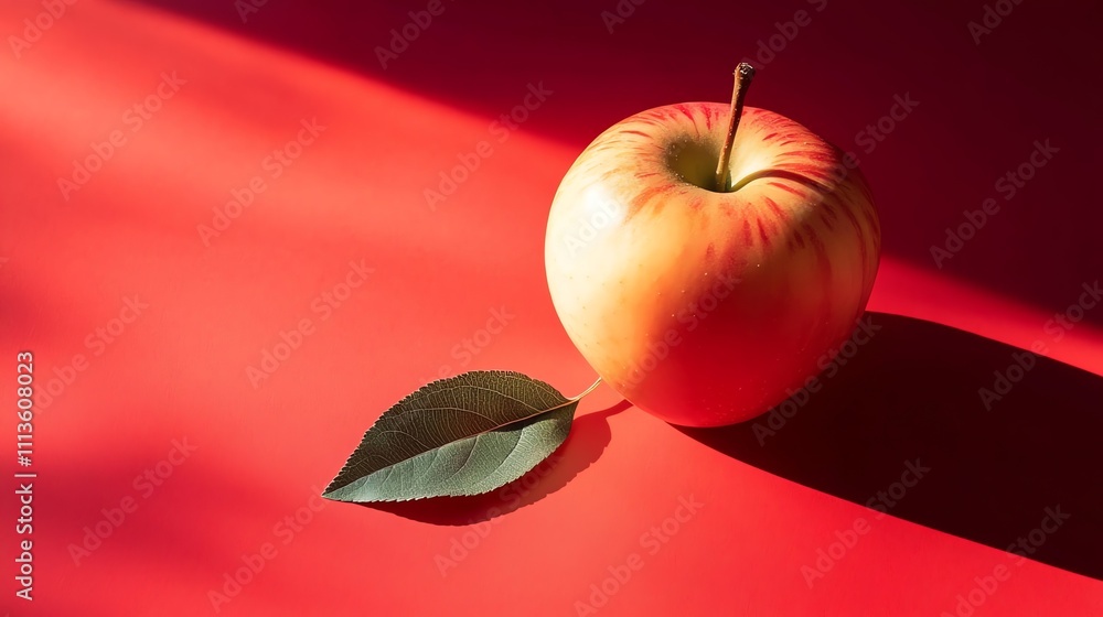 Poster a single red apple with a leaf sits on a red background.