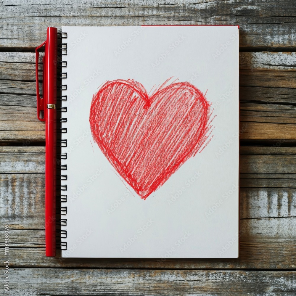 Poster simple heart drawing on blank notebook page with colored pencils ready to use