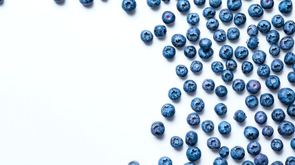 Fresh blueberries scattered on a white background.