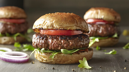 Juicy bison burger with fresh tomatoes and greens on toasted bun, perfect for hearty meal. Enjoy rich flavor and satisfying texture of this delicious dish
