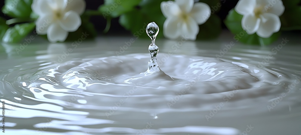 Poster a serene close-up of a water droplet splashing in a tranquil surface, surrounded by lush green leave