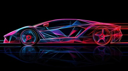 Abstract neon sports car in motion, reflecting on a dark surface.