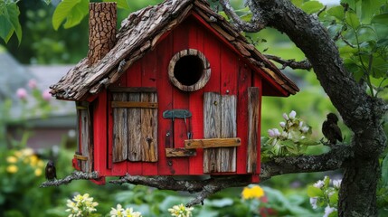 Detailed view of a rustic red wooden bird feeder or miniature house hanging in a leafy backyard environment with soft focus.