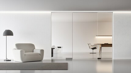 Modern, minimalist interior design with glass sliding doors, showcasing a contemporary office space with a comfortable armchair.