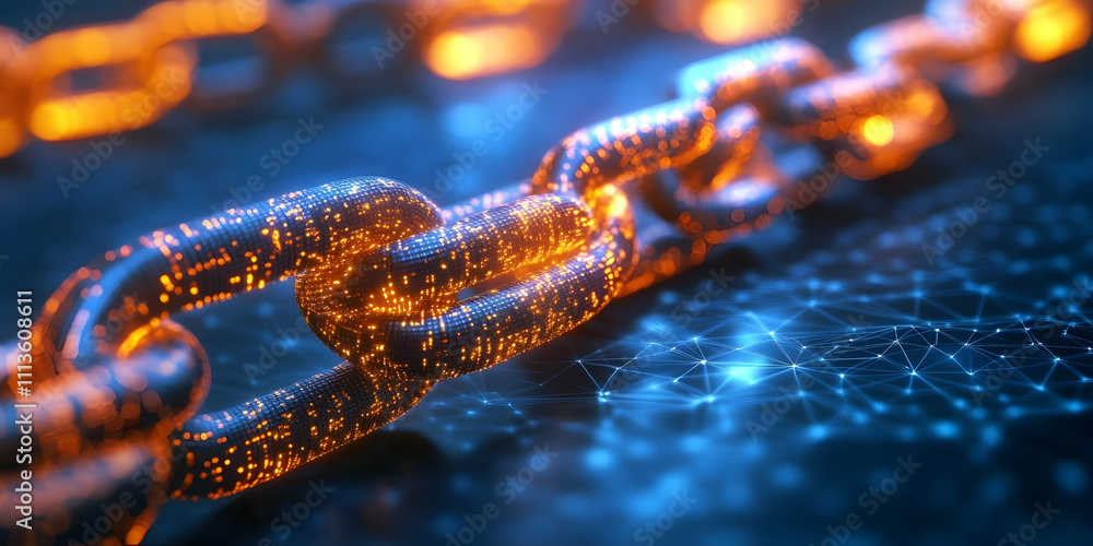 Poster a close-up of a glowing chain against a digital background, symbolizing connectivity and security.