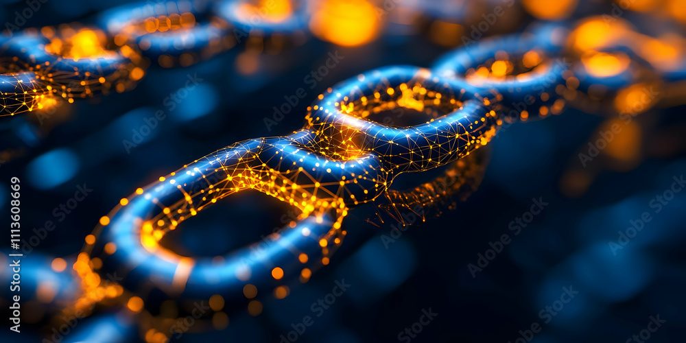 Poster A close-up of a digital chain link with glowing elements, symbolizing blockchain technology.