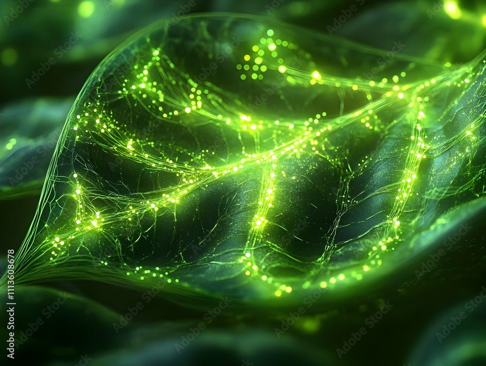 Poster a close-up view of a glowing leaf with intricate patterns and vibrant green colors.
