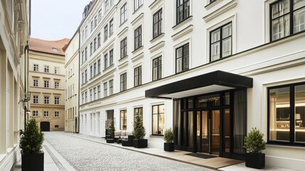 Naklejka premium Elegant Urban Hotel Entrance with Modern Architecture and Design