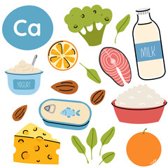 High calcium food sources. Set of products containing a great amount of calcium. Food rich of calcium